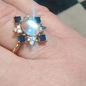 Gold Pearl Ring with Blue Sapphire Accents - Women Jewelry